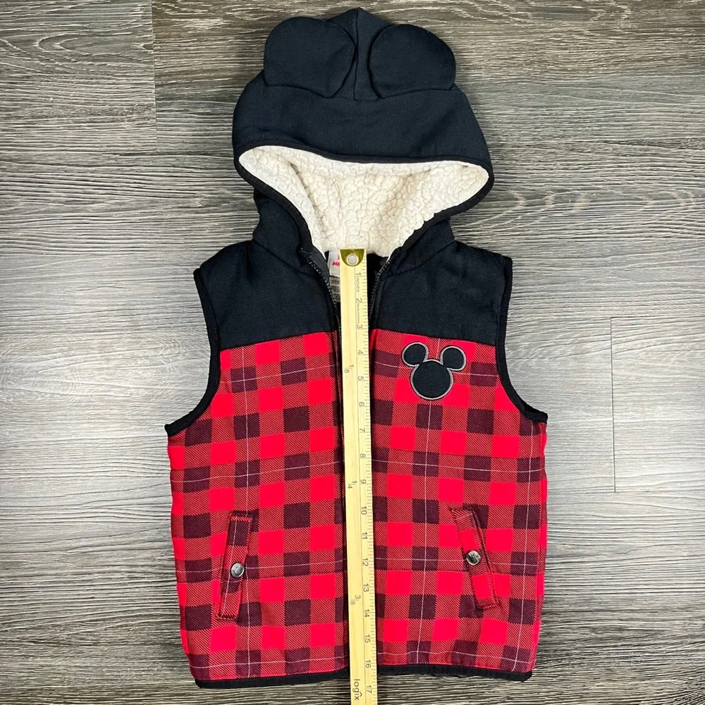 Disney Mickey Mouse Kids Red Buffalo Plaid Hooded Puffer Vest Ears Size 6 Unisex